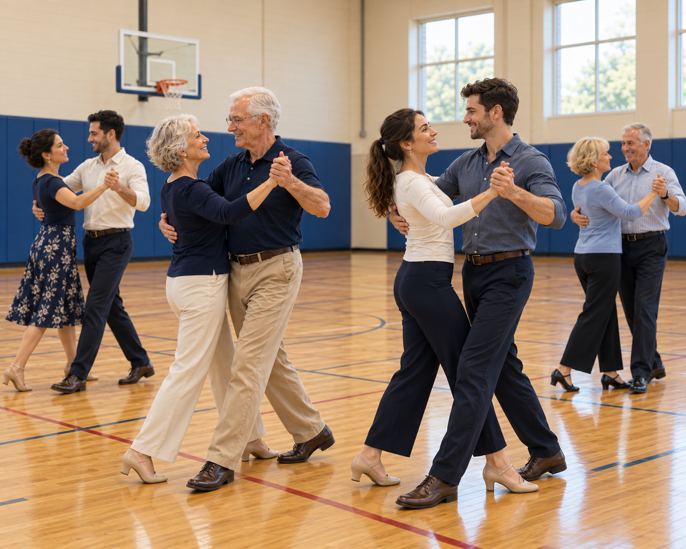 Deux couples de jeunes adultes et deux couples plus âgés pratiquent la danse sociale dans un gymnase.